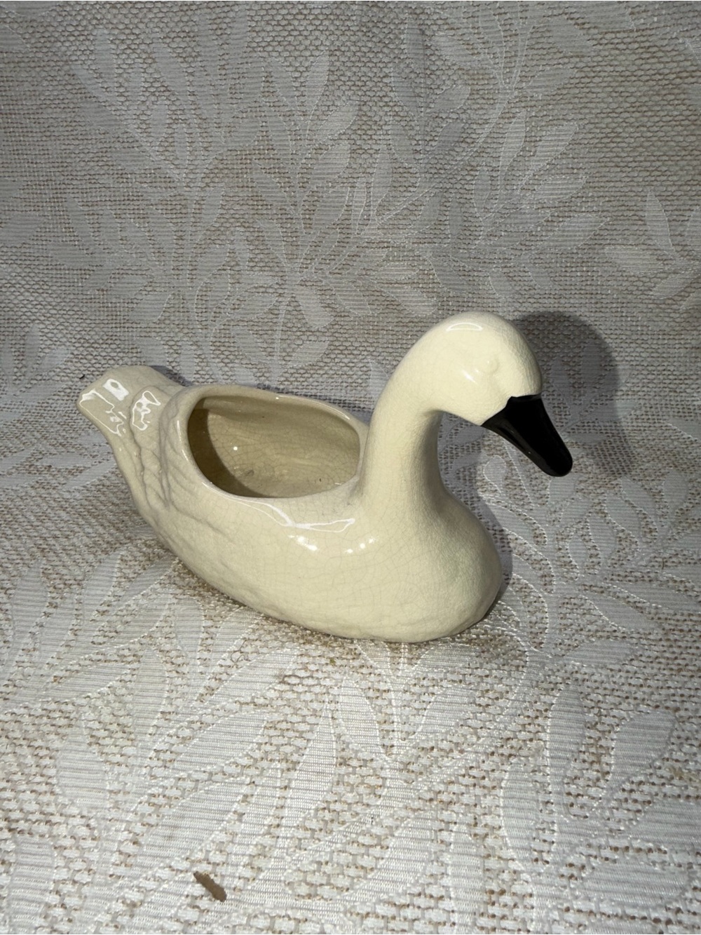 Vintage Ceramic Crackled Glazed White Duck Black Bill Planters Pot Cottagecore